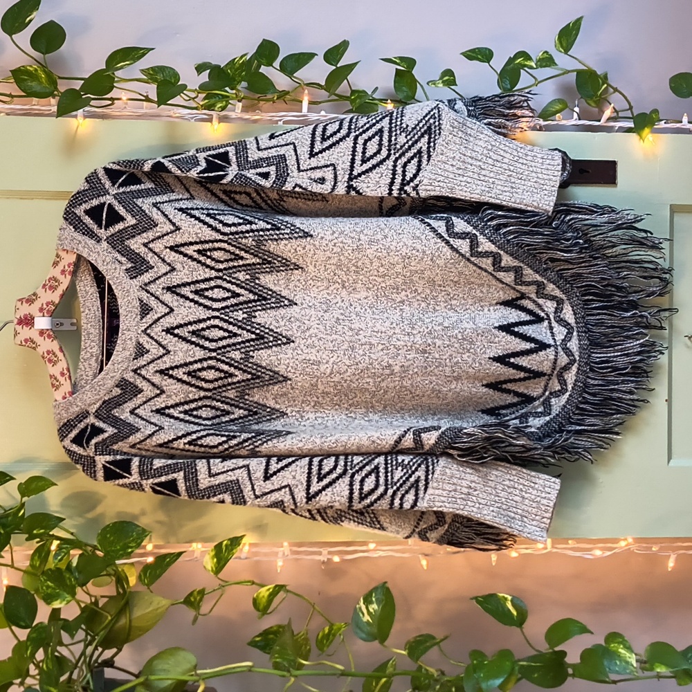 Women's Olivia Sky Black Oatmeal Poncho Knit Sweater L/XL